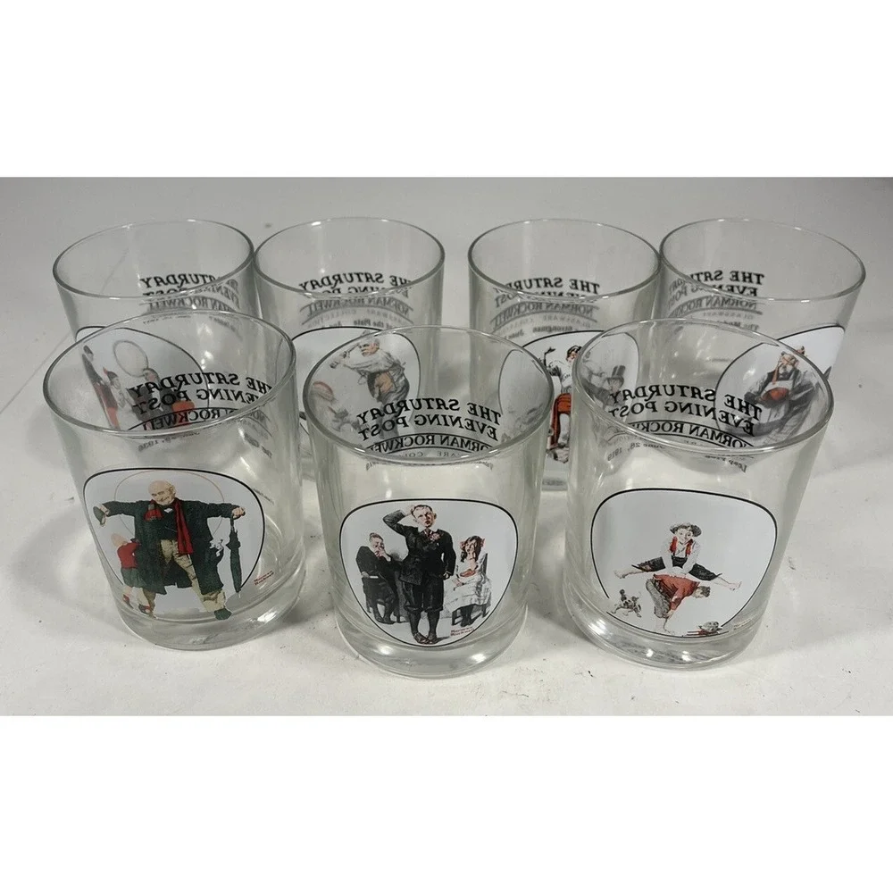 Lot of 7 Norman Rockwell The Saturday Evening Post Whiskey Bar Glasses Vintage